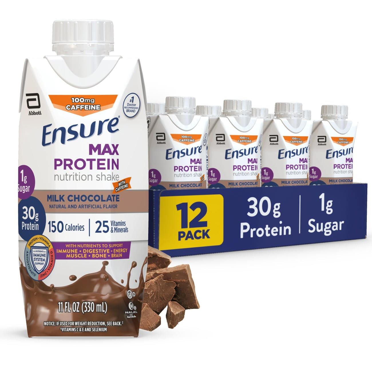 Ensure Max Protein Shake | French Vanilla | Ready to Drink | 30g Protein for Muscle Health | 1g Sugar, 4g Fiber | 11 fl oz, 12 Pack