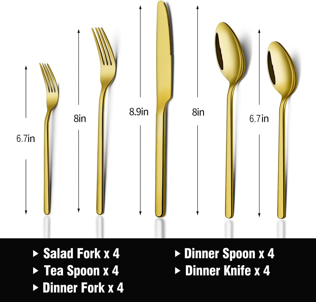 KINGSTONE Golden Silverware Set, 18/10 Gold Flatware Set for 4, Gold Mirror Finish Cutlery Set for Home Kitchen and Restaurant
