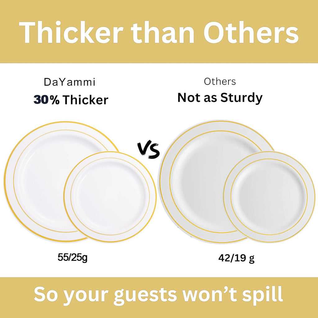 DaYammi 150pcs Gold Plastic Dinnerware Sets, Includes: 30 Gold Rim Dinner Plates, 30 Salad Plates, 30 Plastic Silverware Set, Perfect Fancy Disposable Plates for Party and Wedding