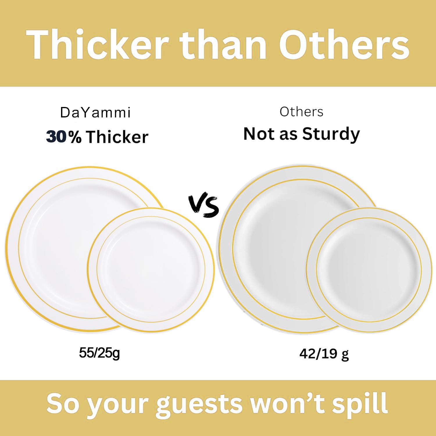 DaYammi 150pcs Gold Plastic Dinnerware Sets, Includes: 30 Gold Rim Dinner Plates, 30 Salad Plates, 30 Plastic Silverware Set, Perfect Fancy Disposable Plates for Party and Wedding