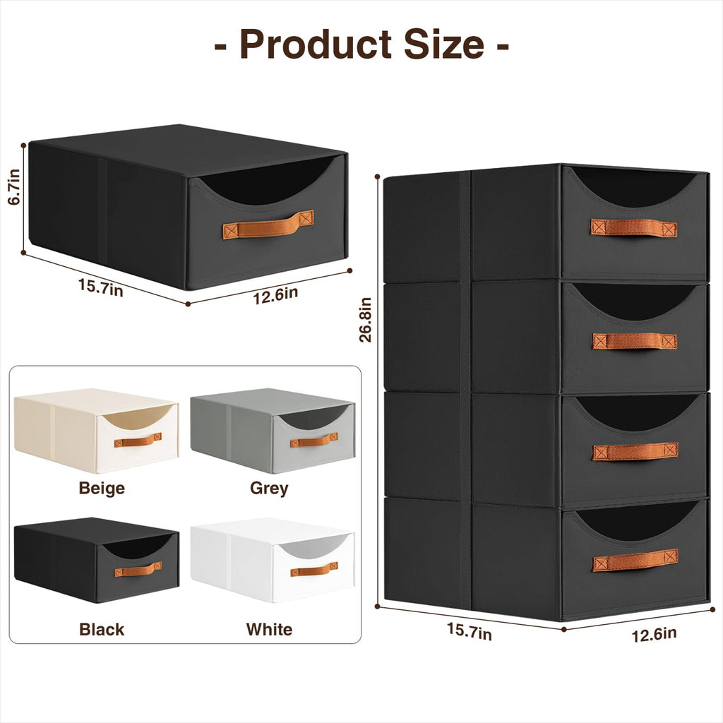 Homsorout Stackable Storage Drawers - Collapsible Storage Bins with Drawers, 4 Pack Closet Shelf Organizer Basket, Fabric Pull Out Organizer for Bedroom, Living Room, Dorm, Beige