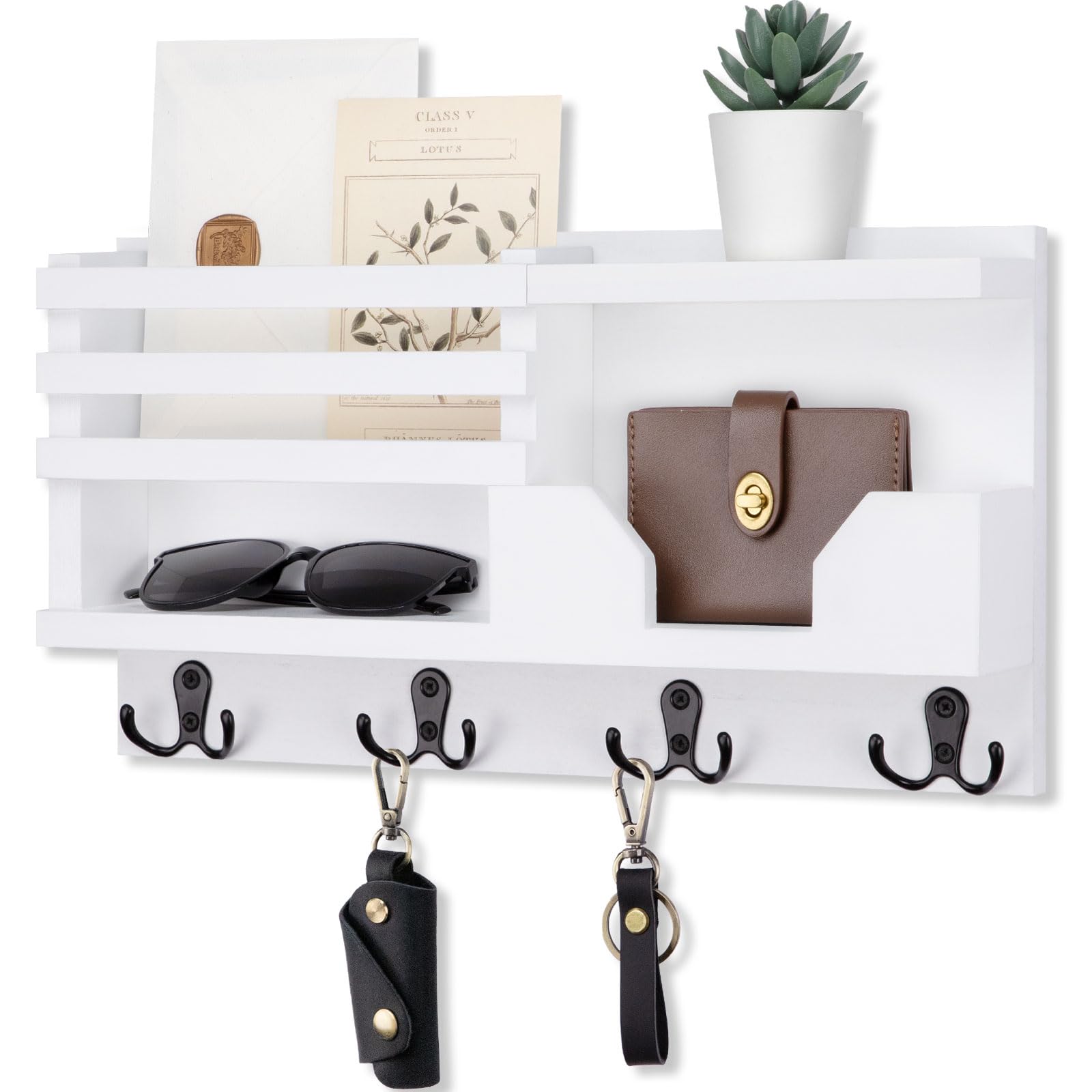 Mail and Key Holder for Wall – Decorative 15.9” x 8.7” x 3.2” Entryway Organizer with Shelf – Paulownia Wood with 4 Dual Hooks Includes Mounting Hardware and Installation Guide