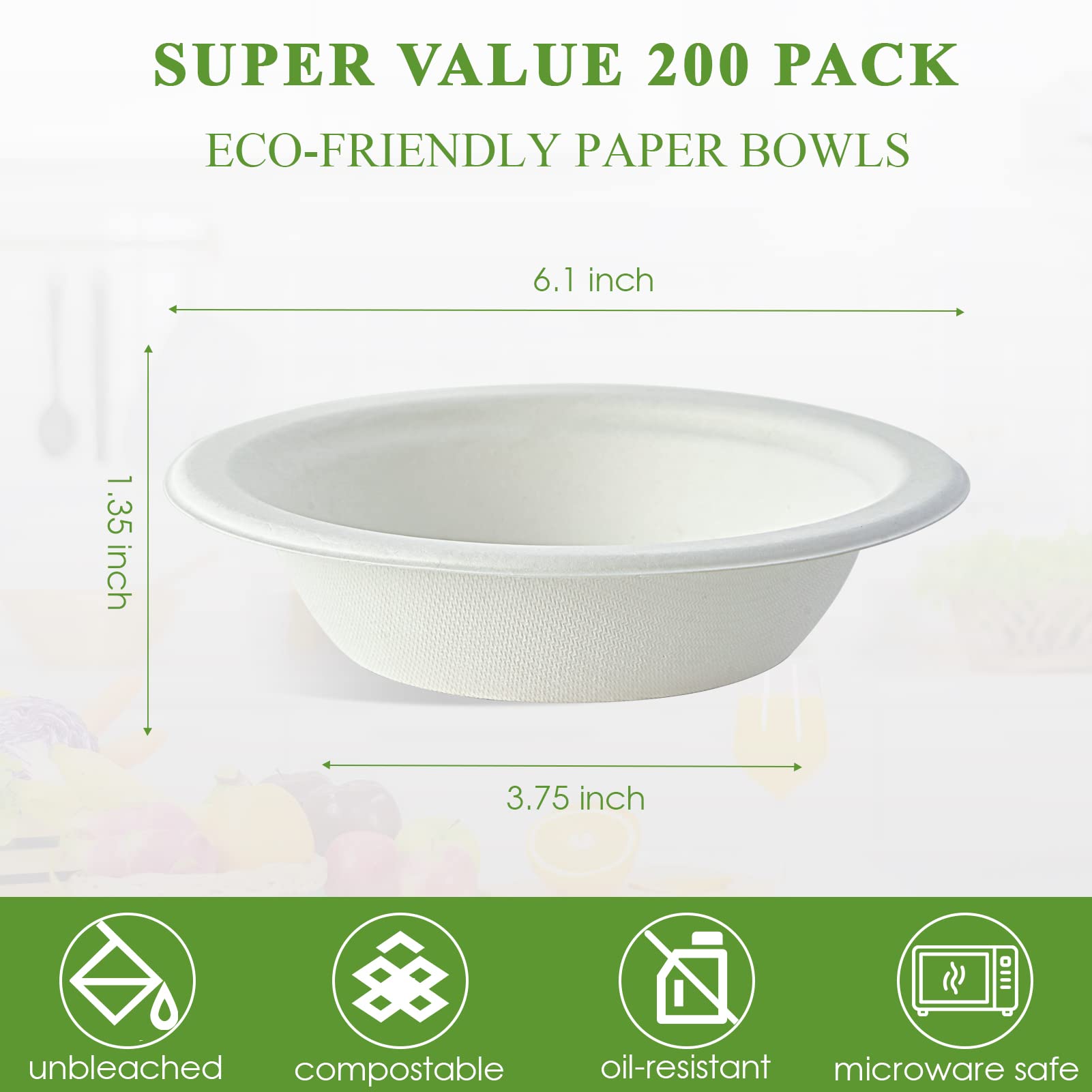 Vplus 200 Pack 16 OZ Paper Bowls, Disposable Compostable Bulk, Eco-friendly Bagasse, Heavy-duty Bowls Perfect for Milk Cereals, Snacks, Salads