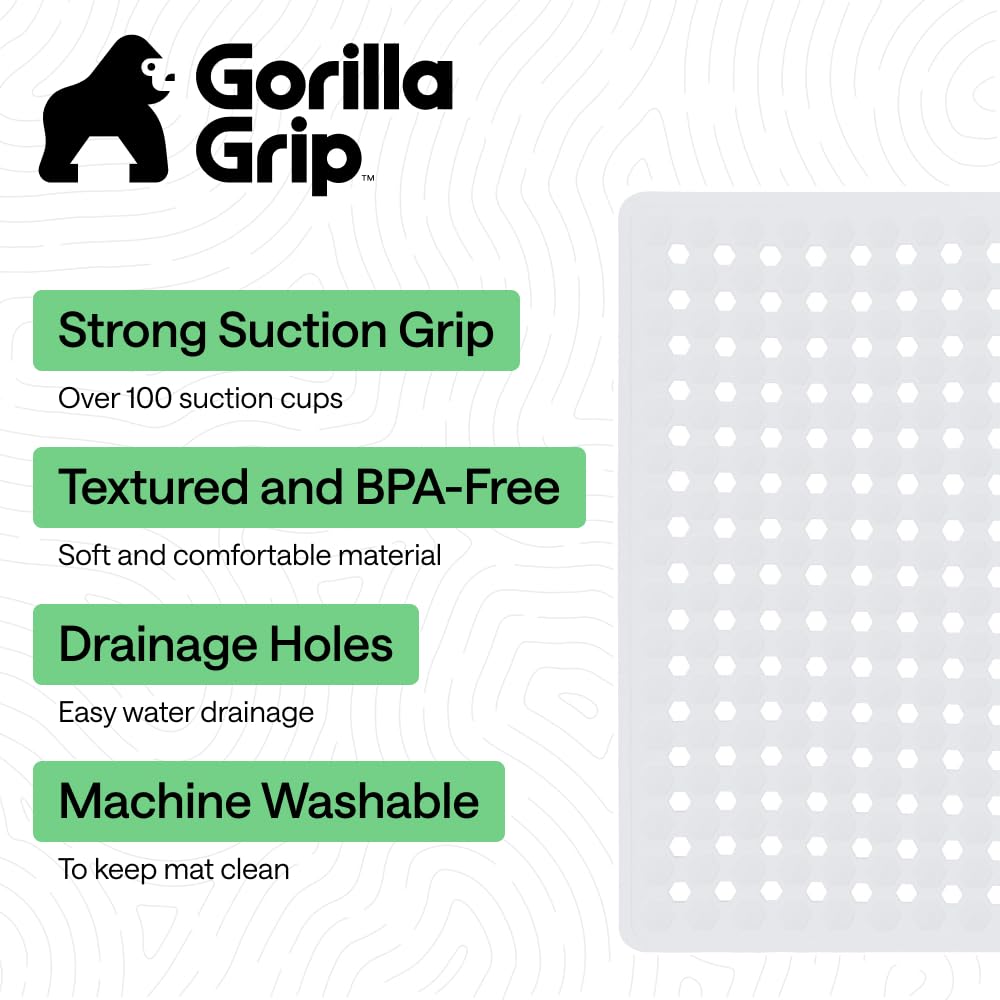 GORILLA GRIP Patented Bath Tub Shower Mat, Machine Washable Bathtub Floor Liner Mats, Suction Cups and Drain Holes to Keep Tubs Clean, Soft on Feet, Bathroom Essentials, 35x16 Inch, Clear