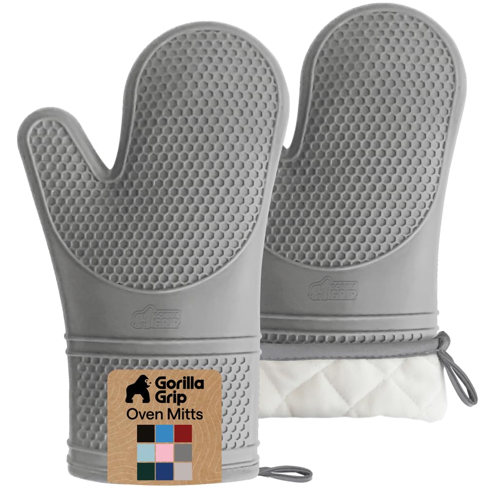 GORILLA GRIP BPA-Free Soft Silicone Oven Mitts, Heat Resistant and Waterproof Cooking Safety Gloves, Thick Cotton Lining, Flexible Gripping, Kitchen Potholders Set, for Grilling, BBQ, 12.5x8.3, Black