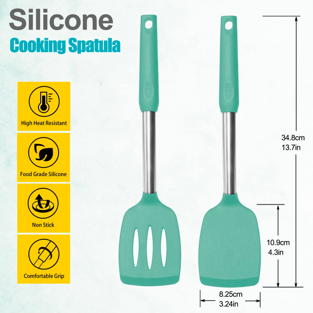 2 Pack Spatulas, Solid & Slotted Silicone Spatula Set, Stainless Steel Handle Coated with Silicone, Non Stick Turners, Heat Resistant Rubber Spatulas for Fish, Eggs, Pancakes, WOK, Black