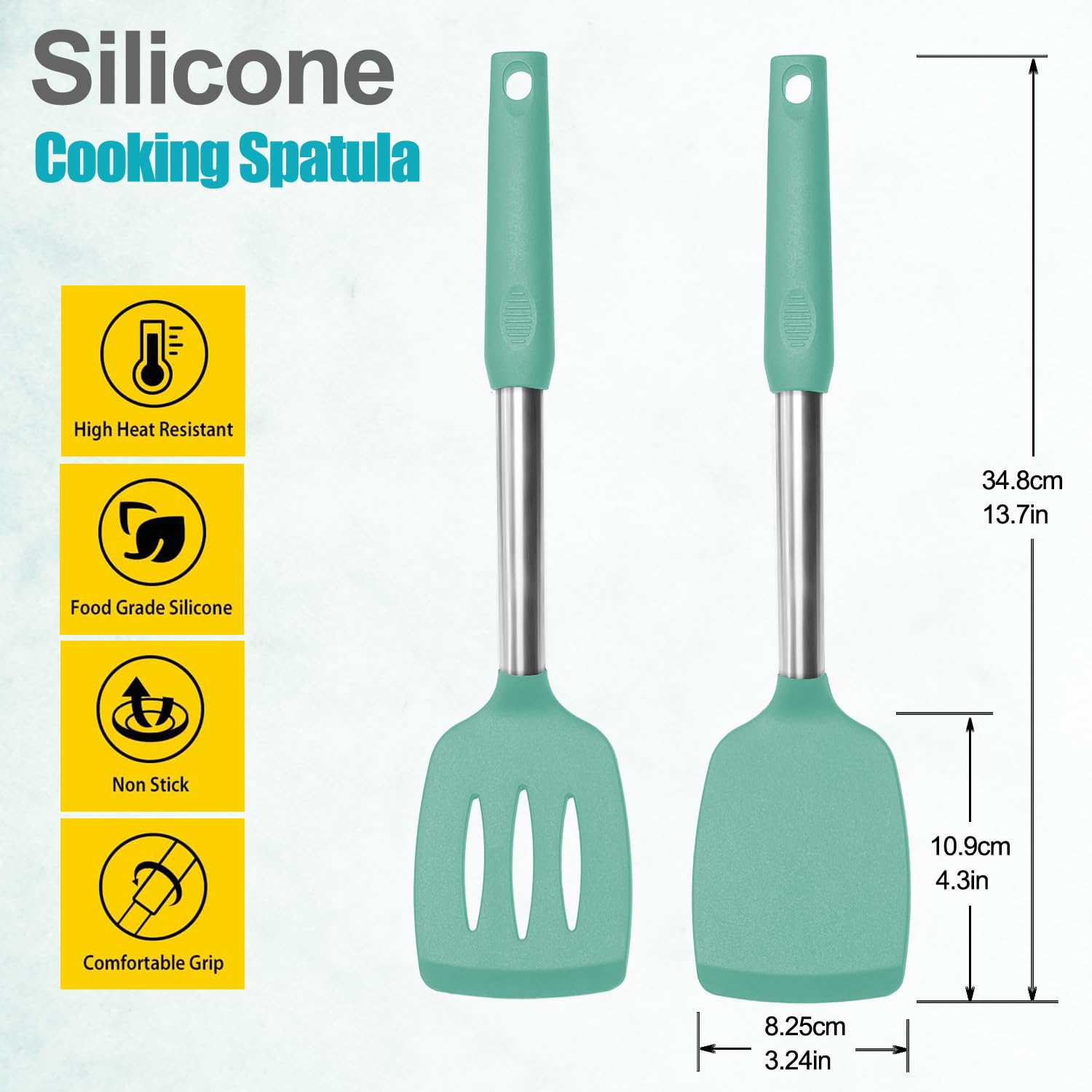2 Pack Spatulas, Solid & Slotted Silicone Spatula Set, Stainless Steel Handle Coated with Silicone, Non Stick Turners, Heat Resistant Rubber Spatulas for Fish, Eggs, Pancakes, WOK, Black