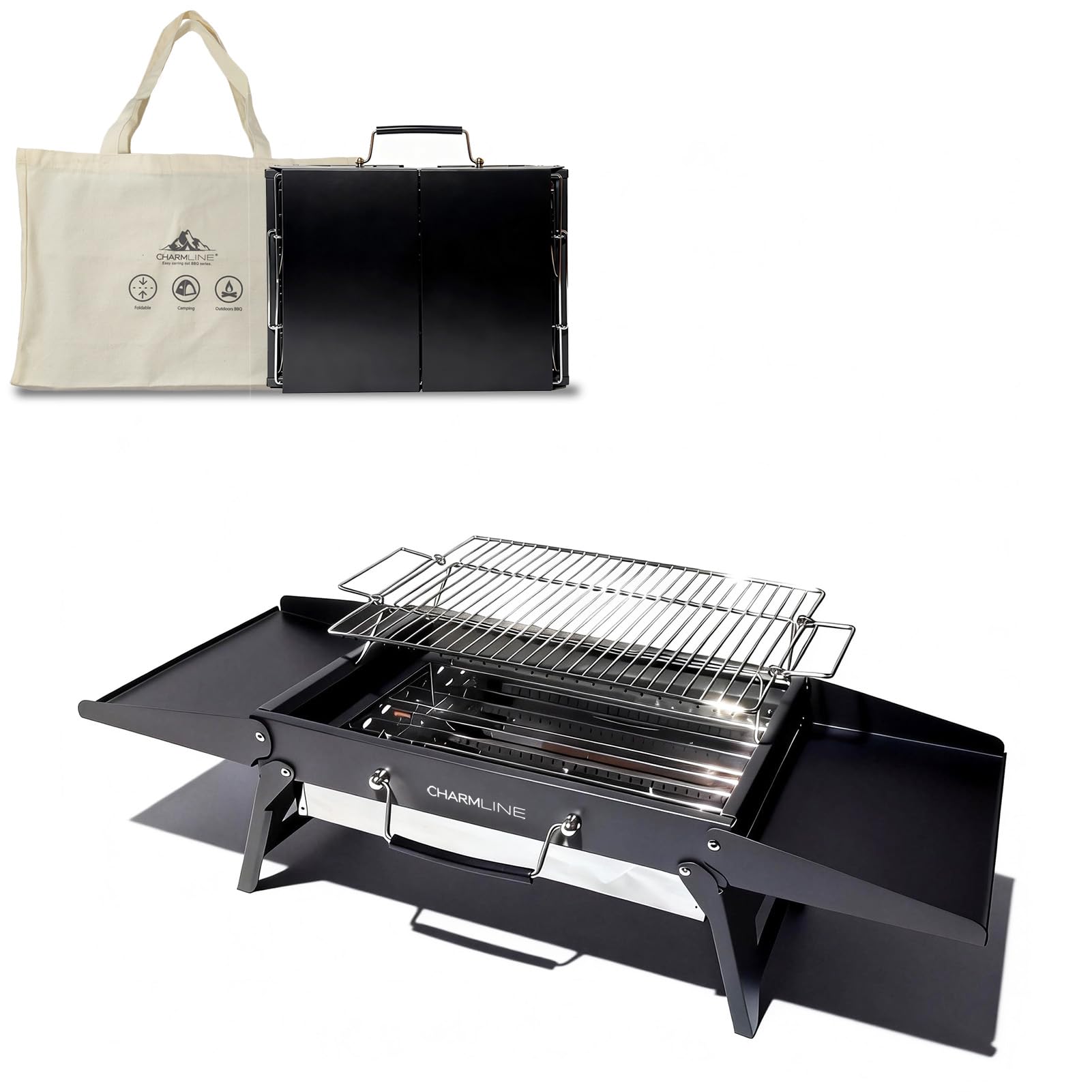 Charmline 14 x 9 inches Portable Charcoal BBQ Grill, Foldable Compact Camping Barbecue for 1–3 People, Ideal for Garden, Beach, Picnic & Tabletop Use, Green