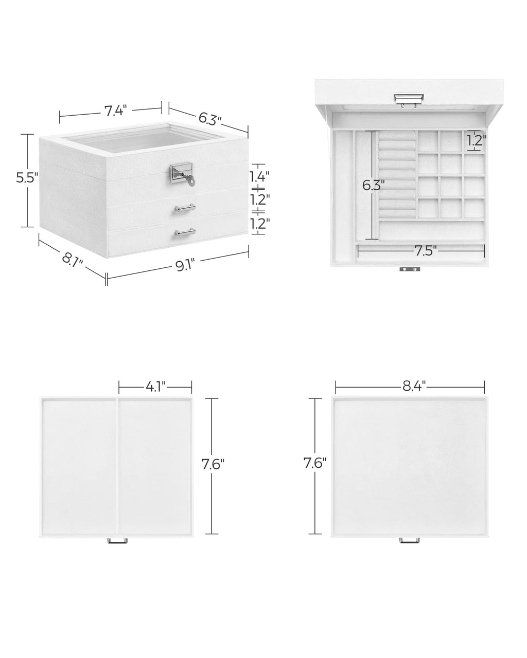 SONGMICS 3-Tier Jewelry Box, Travel Jewelry Case with Handle, 2 Drawers, Lockable Jewelry Organizer with Mirror, Jewelry Storage, Modern Style, Gift for Loved Ones, White UJBC154W01