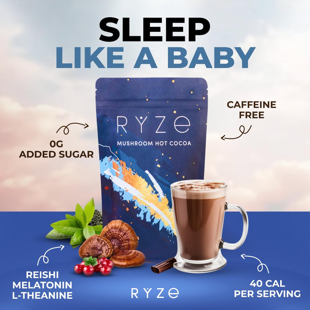RYZE SUPERFOODS Mushroom Hot Cocoa Melatonin Sleep Supplement, Keto Cocoa Powder with Reishi Mushroom, Melatonin, Glycine, Cacao, L-Theanine, Chicory to Help Fall Asleep and Stay Asleep, 20 Servings