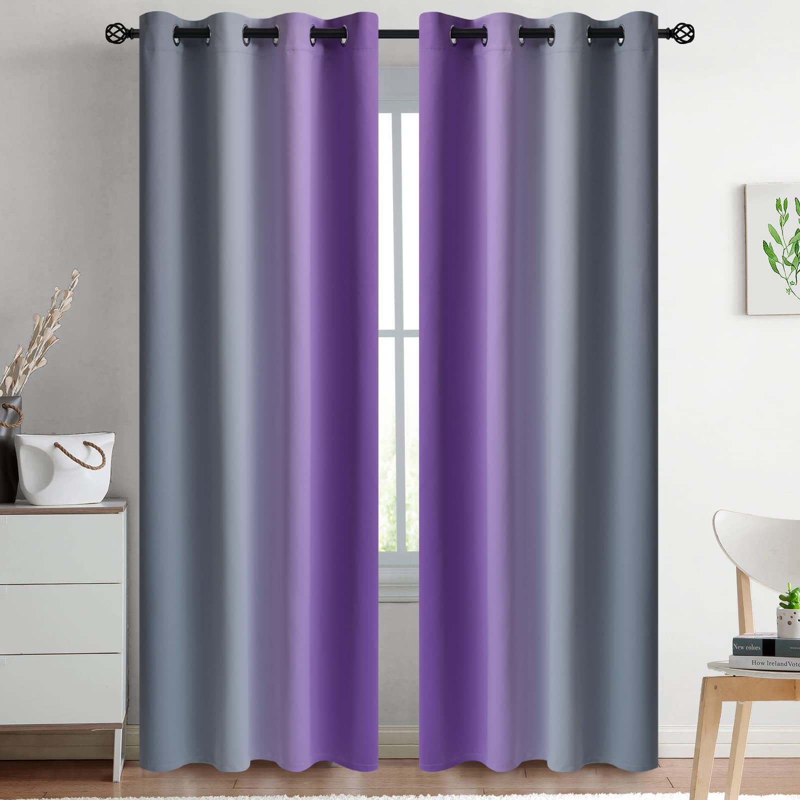 Yakamok Blue and Greyish White Ombre Curtains, Room Darkening Gradient Color Curtains for Bedroom, Light Blocking Thermal Insulated Window Drapes for Living Room(2 Panels, 52x84 Inch)