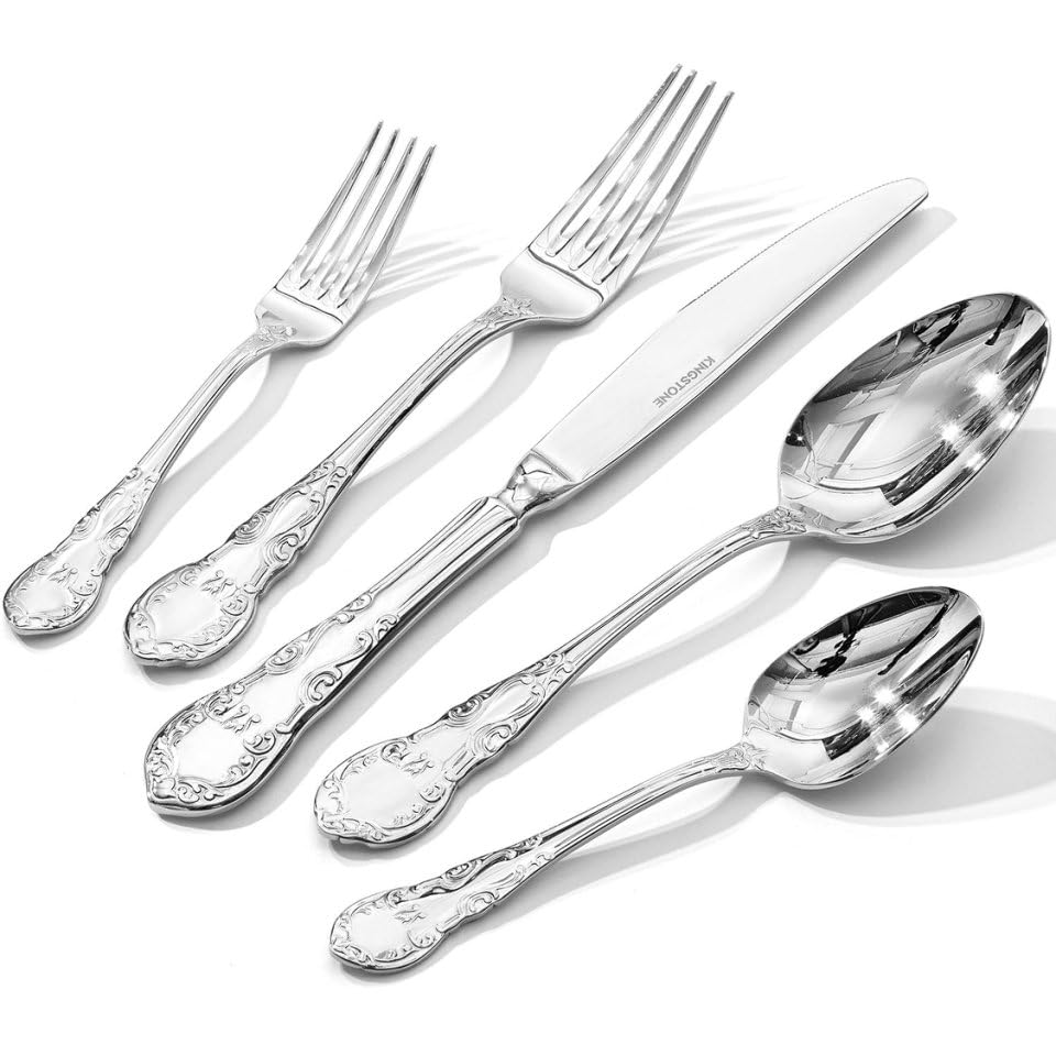 KINGSTONE Vintage Silverware Set, 40-Piece 18/10 Stainless Steel Retro Royal Flatware Cutlery Set for 8 with Carved Thick Handles, Tableware Utensils for Home,Party,Restaurant,Wedding,Dishwasher Safe