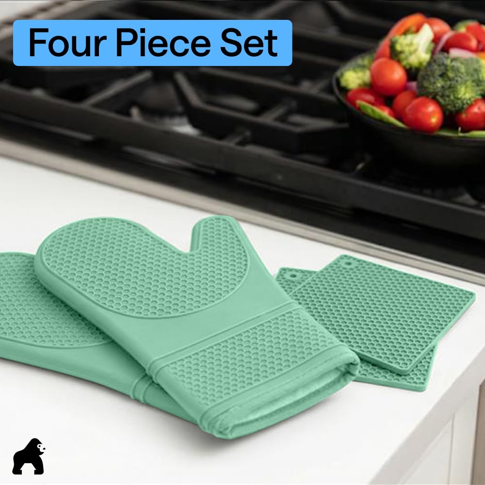 GORILLA GRIP BPA-Free Soft Silicone Oven Mitts, Heat Resistant and Waterproof Cooking Safety Gloves, Thick Cotton Lining, Flexible Gripping, Kitchen Potholders Set, for Grilling, BBQ, 12.5x8.3, Black