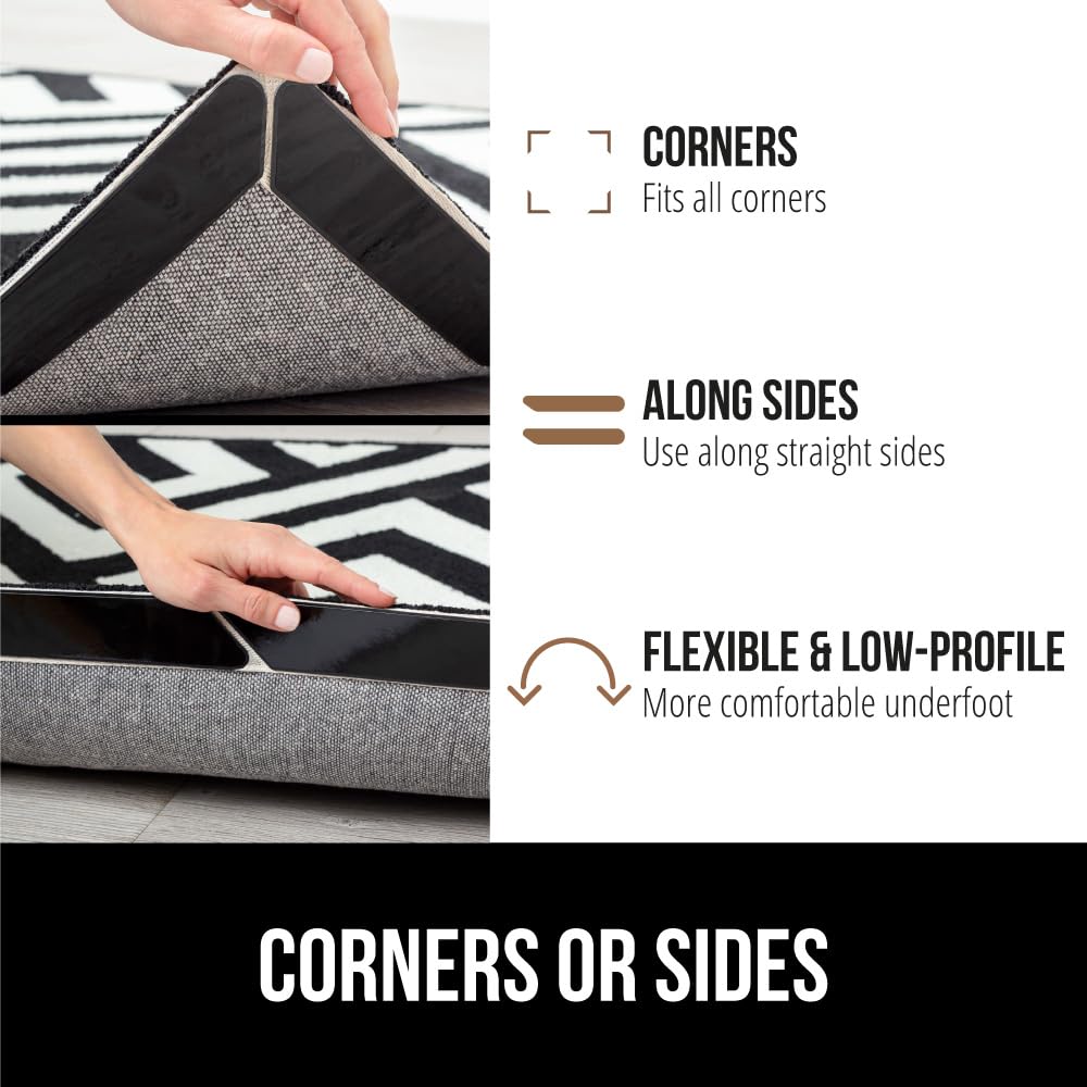 GORILLA GRIP Rug Gripper Pads Keep Area Rugs Corners from Curling, Reusable Double-Sided Stickers Holds Down Carpet in Place, Grips on Tile and Hardwood Floors Helps Prevent Sliding, Home Décor, 8 Pcs