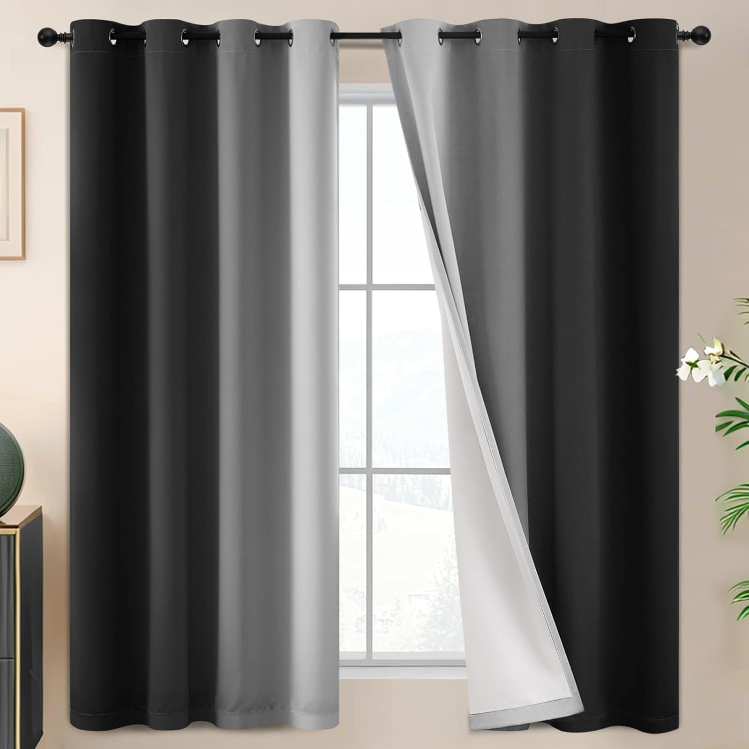 SimpleHome Ombre Room Darkening Curtains for Bedroom, Gradient Black to Grey White Light Blocking Thermal Insulated Grommet Window Curtain/Drapes for Living Room,2 Panels, 52x84 inches Length