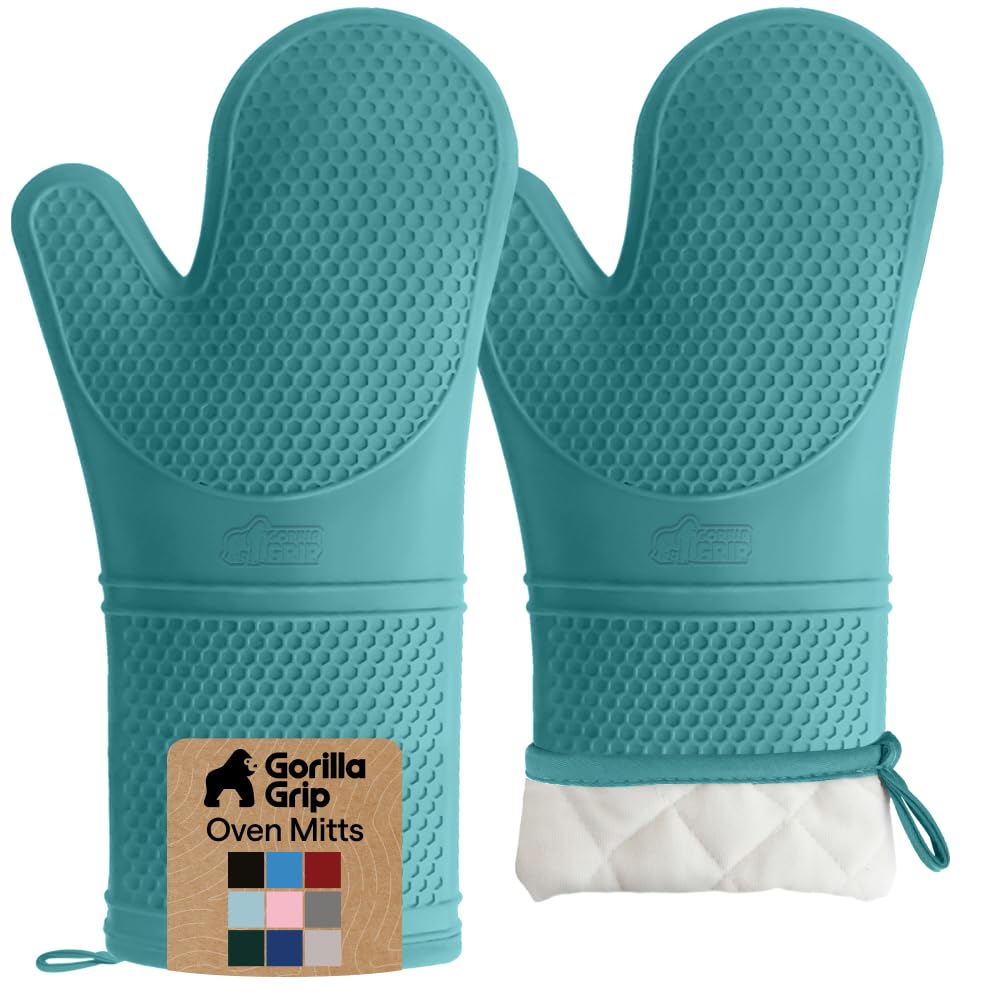 GORILLA GRIP BPA-Free Soft Silicone Oven Mitts, Heat Resistant and Waterproof Cooking Safety Gloves, Thick Cotton Lining, Flexible Gripping, Kitchen Potholders Set, for Grilling, BBQ, 12.5x8.3, Black
