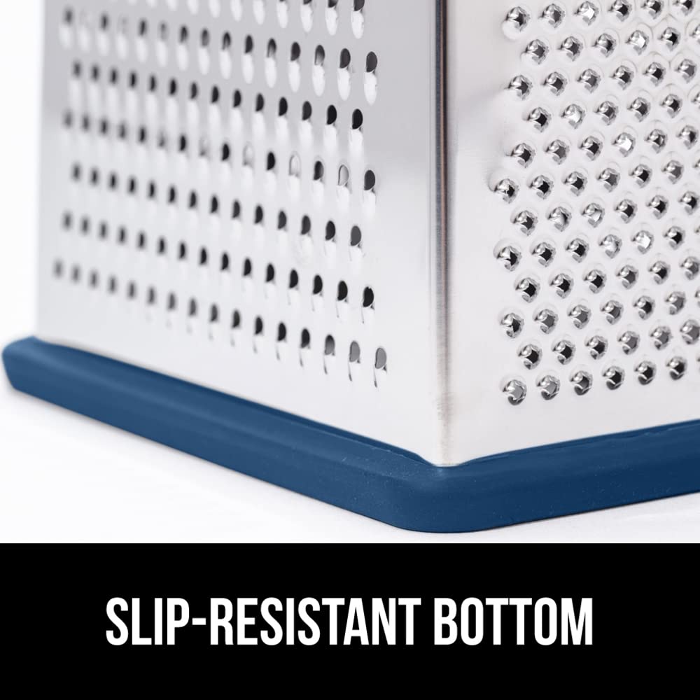 GORILLA GRIP 4-Sided Stainless Steel Cheese Grater With Container, 100% BPA-Free Box Grater, Slip Resistant Base and Handle, Grate Parmesan, Hard Cheeses, Shred Vegetables, Dishwasher Safe, Black