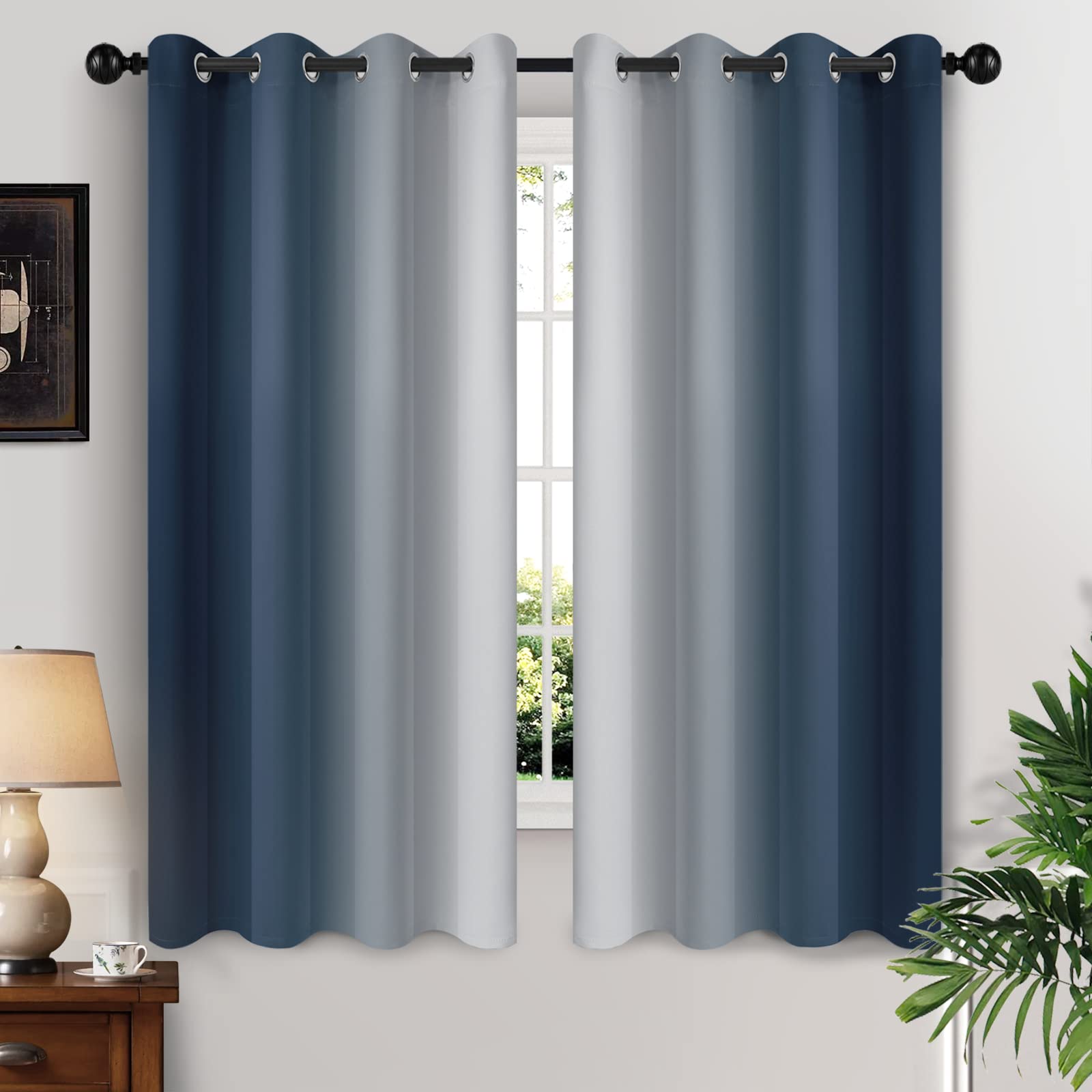 Yakamok Blue and Greyish White Ombre Curtains, Room Darkening Gradient Color Curtains for Bedroom, Light Blocking Thermal Insulated Window Drapes for Living Room(2 Panels, 52x84 Inch)