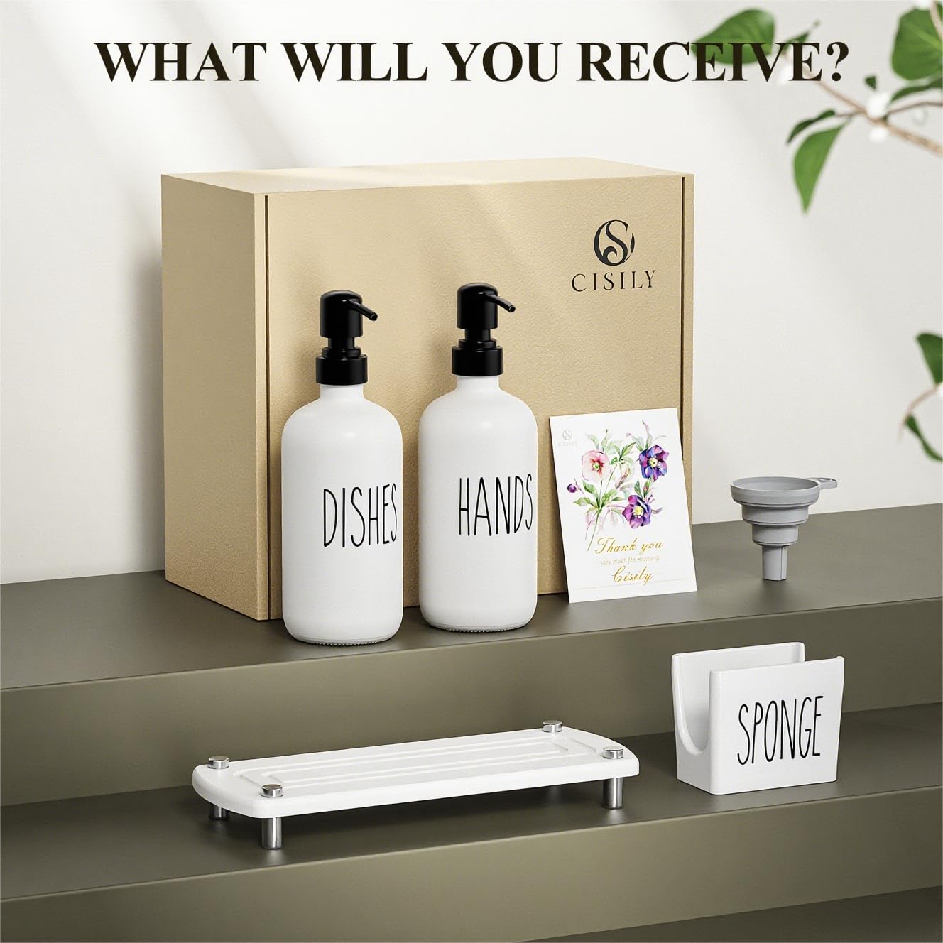 Cisily Kitchen Soap Dispenser Set Comes with Ceramics Sponge Holder, Gold Pumps, and Instant Dry Tray, Hand and Dish Soap Dispenser Set (4, Gold + White + Sponge Holder)