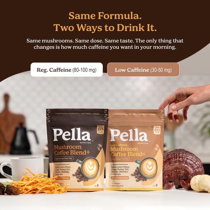 Pella Nutrition Instant Mushroom Coffee Powder - Regular Caffeine, 60 Cups
