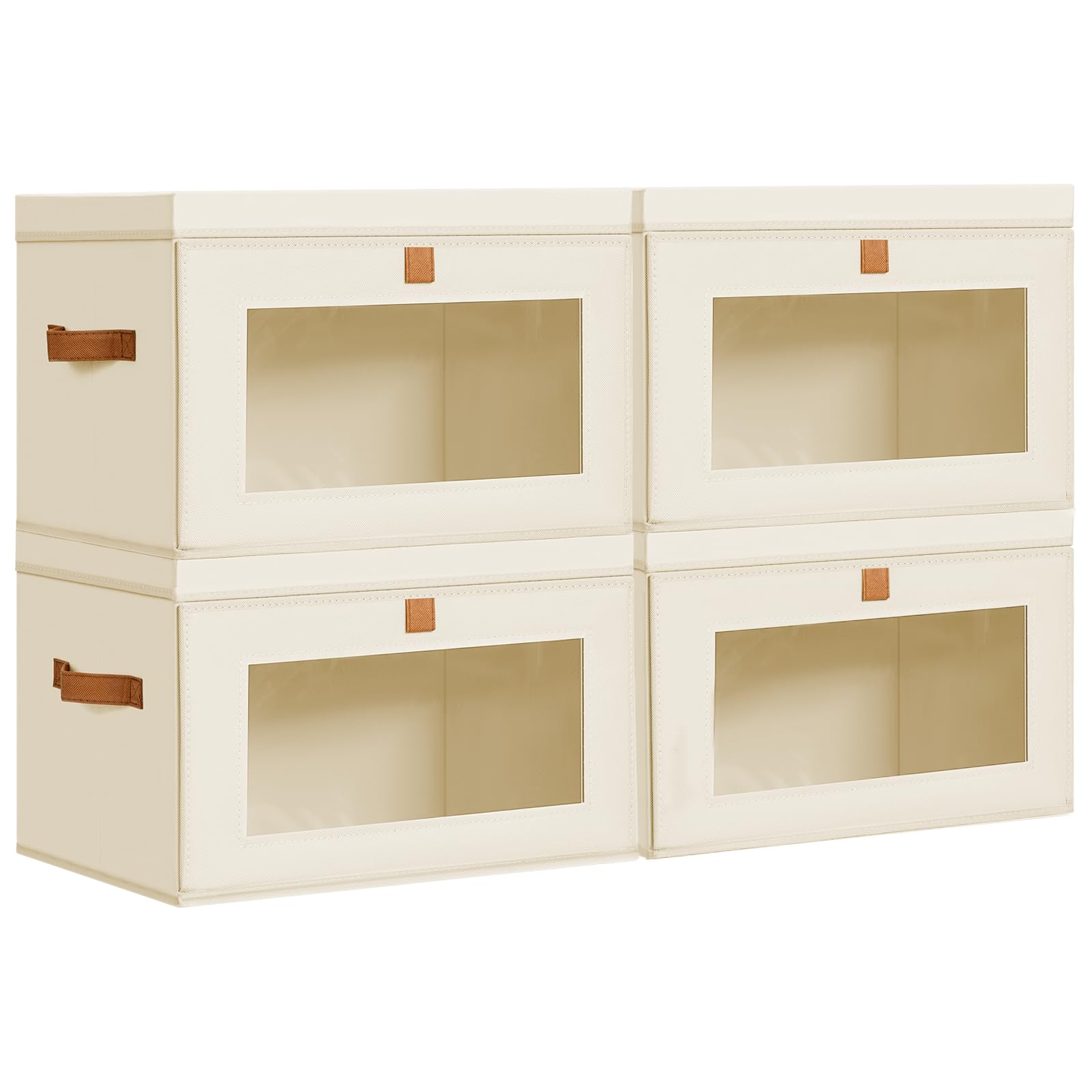 Homsorout Large Storage Bins with Lids - Fabric Collapsible Closet Storage Organizer with Window & Handles, Stackable Decorative Storage Boxes for Clothes, Blankets, Sweaters, 6 Pack, Beige