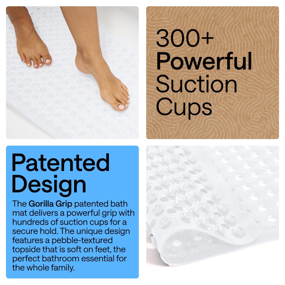 GORILLA GRIP Patented Bath Tub Shower Mat, Machine Washable Bathtub Floor Liner Mats, Suction Cups and Drain Holes to Keep Tubs Clean, Soft on Feet, Bathroom Essentials, 35x16 Inch, Clear