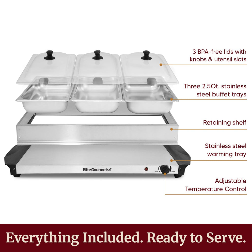 Elite Gourmet EWM-6171 Triple 3 x 2.5 Qt. Trays, Buffet Server, Food Warmer Temperature Control, Clear Slotted Lids, Perfect for Parties, Entertaining & Holidays, 7.5 Qt Total, Stainless Steel