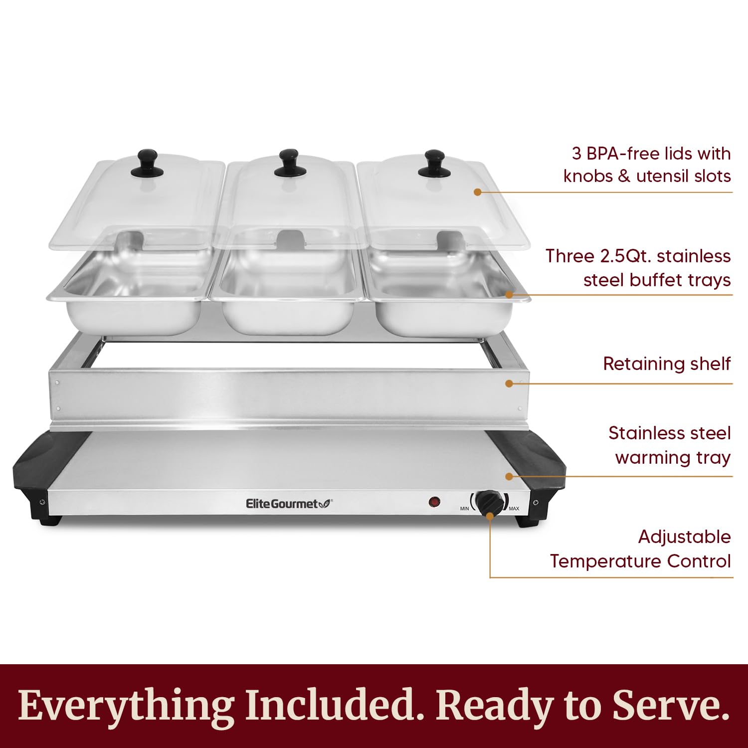 Elite Gourmet EWM-6171 Triple 3 x 2.5 Qt. Trays, Buffet Server, Food Warmer Temperature Control, Clear Slotted Lids, Perfect for Parties, Entertaining & Holidays, 7.5 Qt Total, Stainless Steel