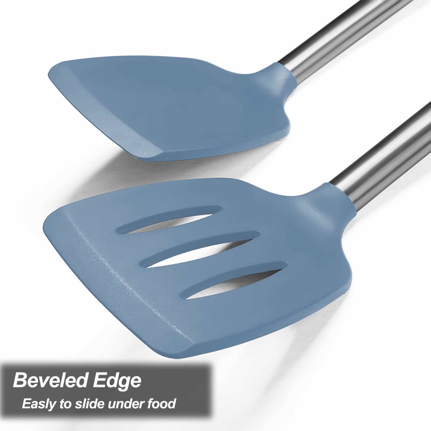 2 Pack Spatulas, Solid & Slotted Silicone Spatula Set, Stainless Steel Handle Coated with Silicone, Non Stick Turners, Heat Resistant Rubber Spatulas for Fish, Eggs, Pancakes, WOK, Black