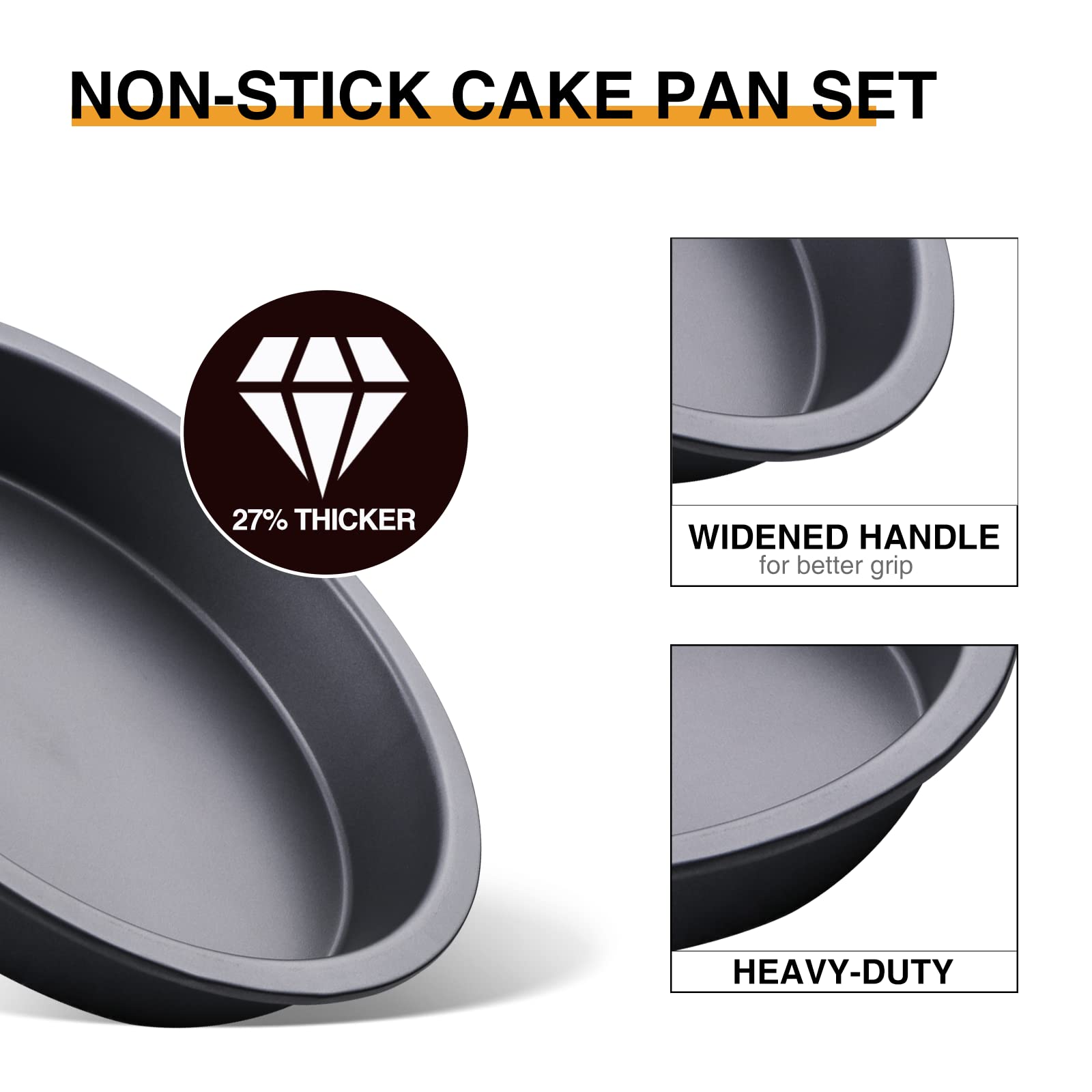 HONGBAKE 8x8 Cake Baking Pan Set, Nonstick Square Brownie Pans with Wider Grips, 2 Pieces, Heavy Duty, Grey