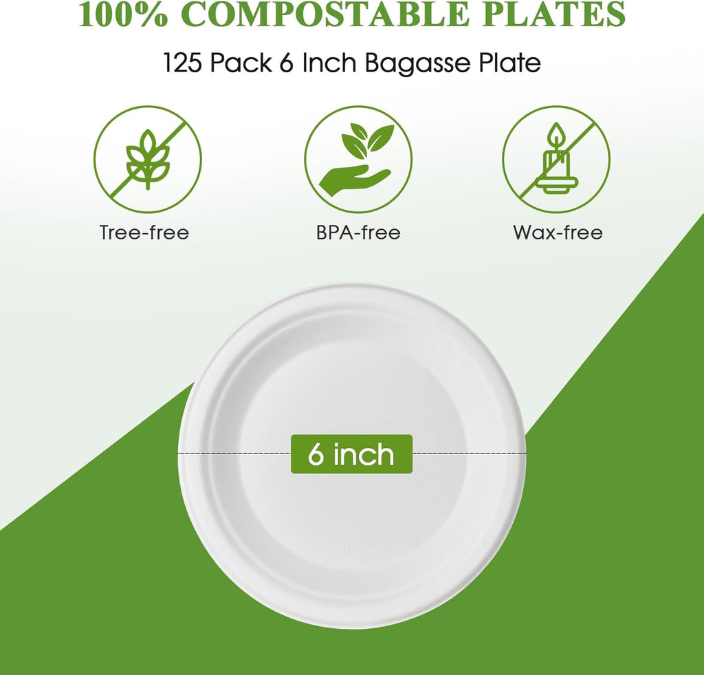 Vplus 125 Pack Compostable Disposable Paper Plates 6 inch and 1000 Pack 2 OZ Disposable Souffle Cups