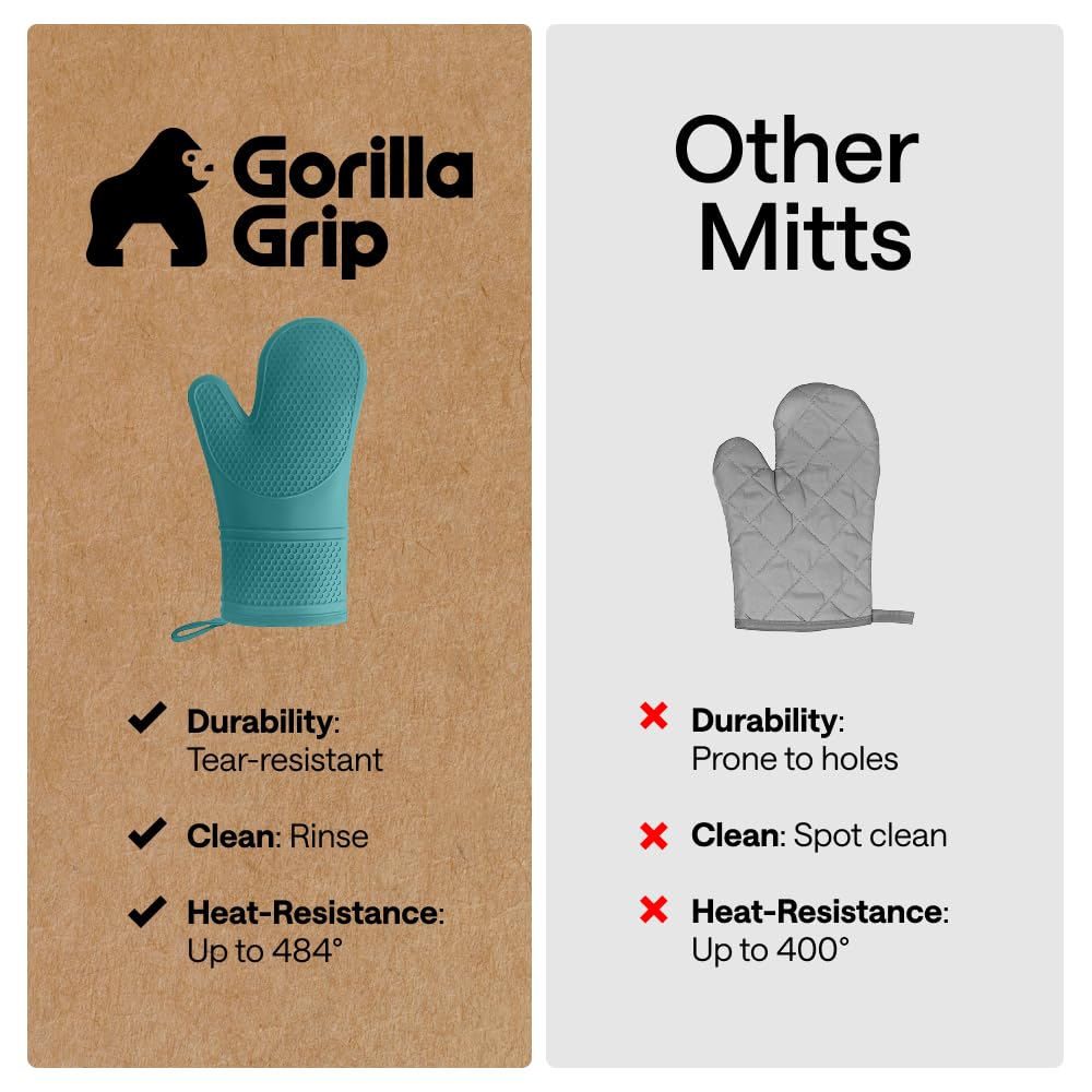 GORILLA GRIP BPA-Free Soft Silicone Oven Mitts, Heat Resistant and Waterproof Cooking Safety Gloves, Thick Cotton Lining, Flexible Gripping, Kitchen Potholders Set, for Grilling, BBQ, 12.5x8.3, Black