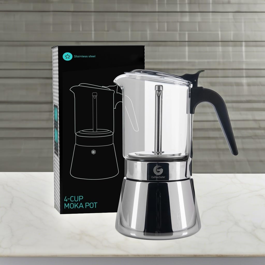 Coffee Gator Moka Pot - 6 Cup, 12oz Stovetop Espresso Maker - Classic Italian and Cuban Coffee Percolator w/ 2 Stainless-Steel Cups – Matte Grey Aluminum, 360ml