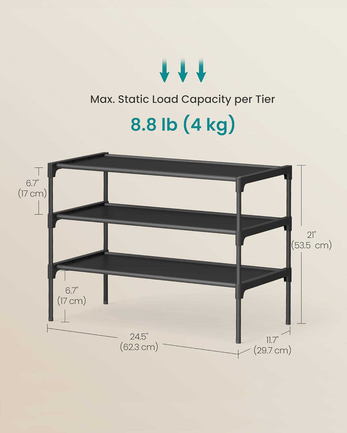 SONGMICS Shoe Rack, 3-Tier Shoe Storage Organizer, Space-Saving, 11.7 x 24.5 x 21 Inches, Entryway, Metal Frame, Non-Woven Fabric Shelves, Ink Black ULSH023BH01