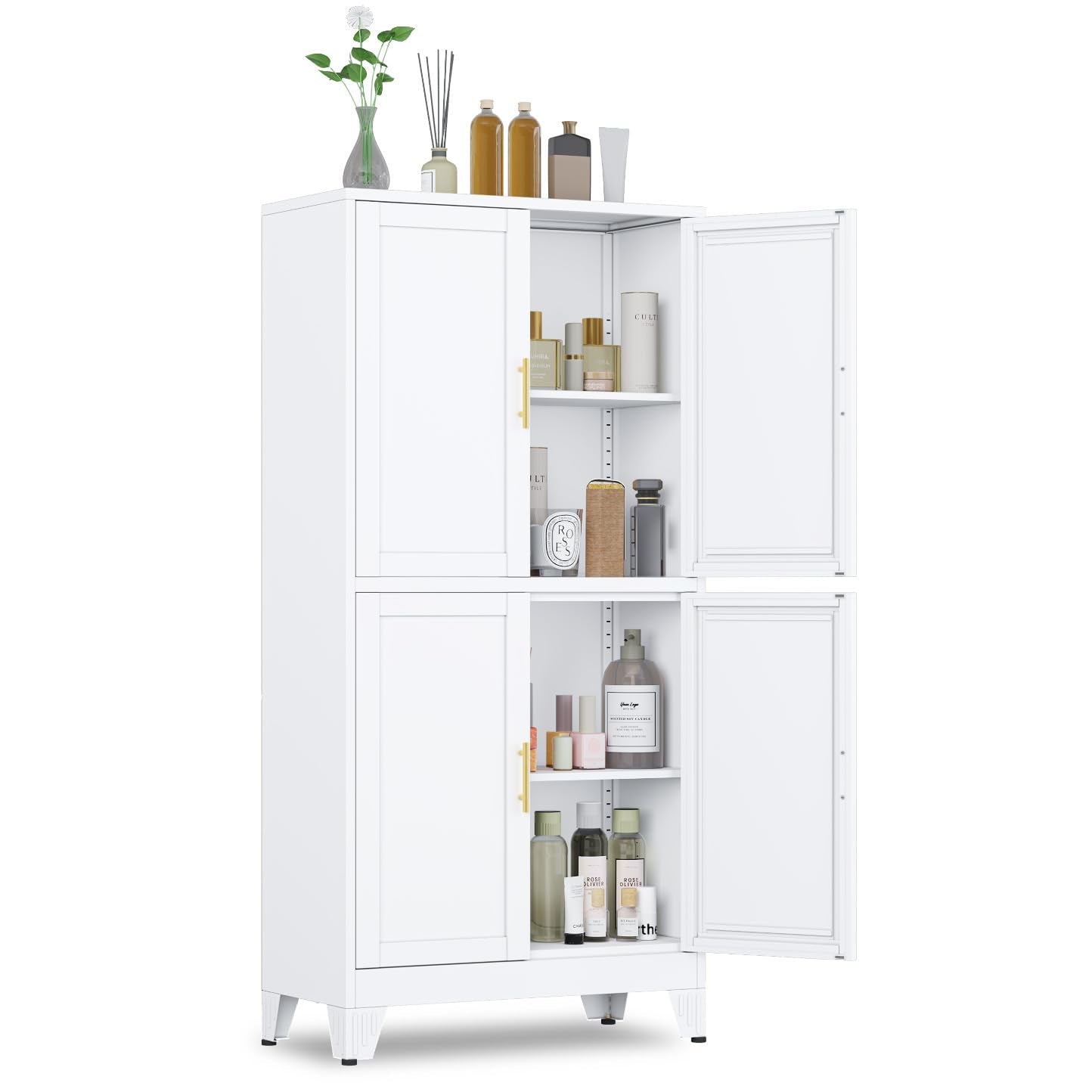 GAIOUS Metal Pantry Cabinet, Kitchen Pantry Storage Cabinets with 2 Door and 3 Adjustable Shelves, White Kitchen Pantry Cabinet, Freestanding Cupboard for Dining Room Living Room Bathroom