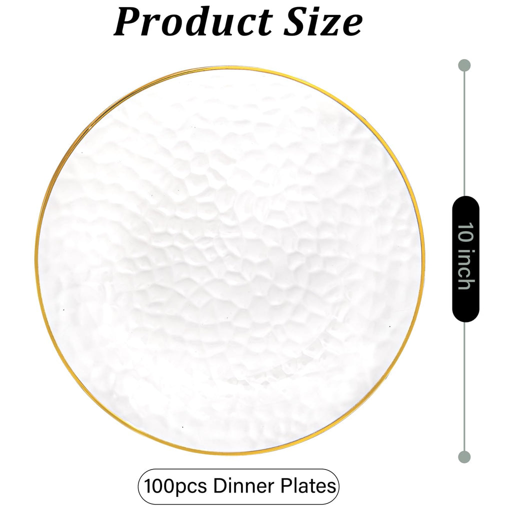 DaYammi 100 Pcs Clear Gold Plastic Plates, Hammered Party Plate, Fancy Plastic Plates Disposable Clear Disposable Dessert Platos, 7 Inch Heavy duty Plastic Dessert Platos for Party & Wedding