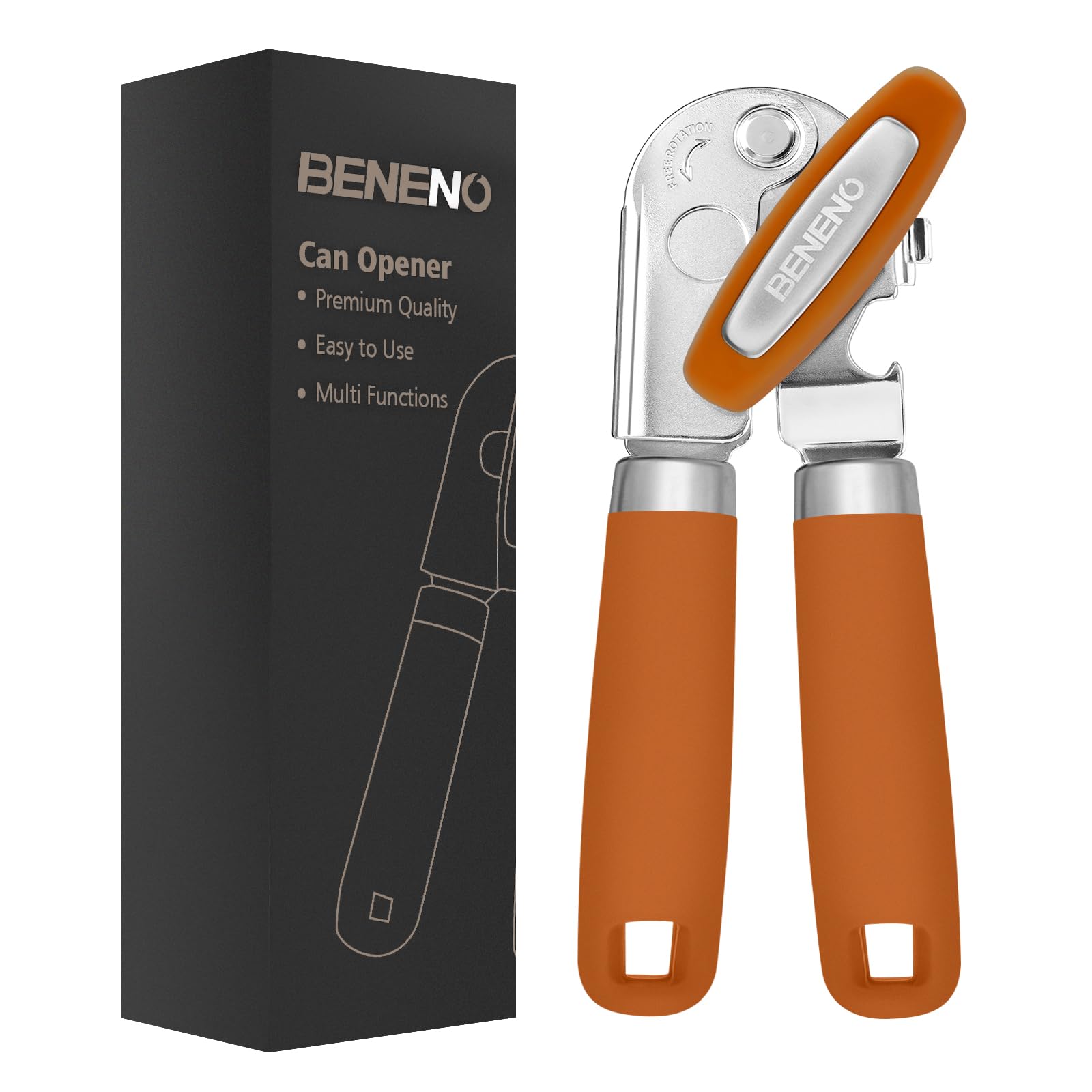 Beneno Heavy Duty Hand Can Opener Manual with Magnet, Durable Sharp Carbon Steel Blade Smooth Cutting, Big Effort-Saving Knob & Soft Grip Handle, Multifunctional Kitchen Tool with Bottle Opener, Green