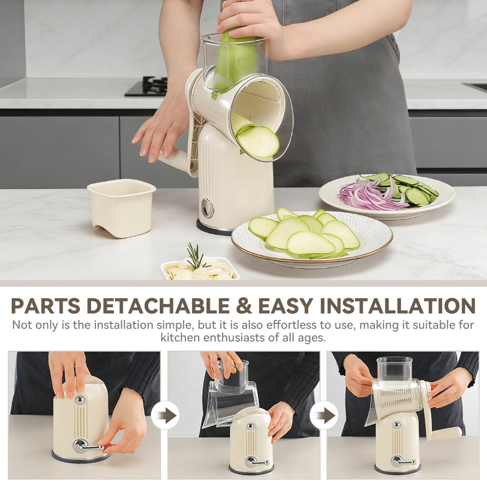 KEOUKE Rotary Cheese Grater 5 in 1 Green - Hand Crank Vegetable Cutter, Shredder, Slicer, Enlarge Input, Suction Base, Labor-Saving Handle, Blade Storage Box, for Onion, Potato, Vegetable, Nuts, etc
