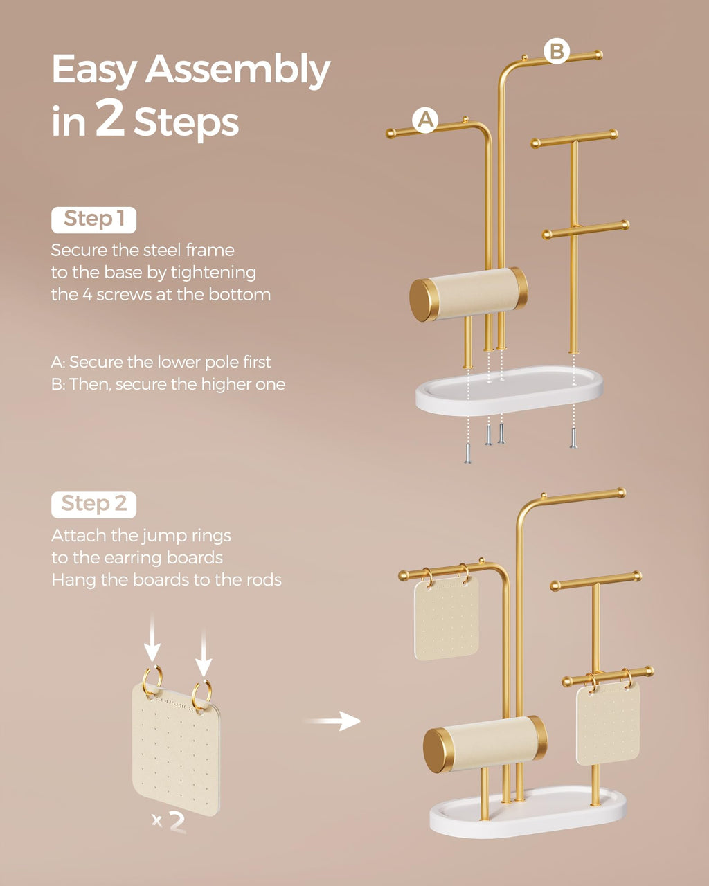 SONGMICS Jewelry Stand, Jewelry Organizer, Jewelry Display Holder with Metal Frame, 2 Earring Boards, 4 Hanging Rods, Necklace Earring Bracelet Holder, for Watches, Metallic Gold UJJS025A01