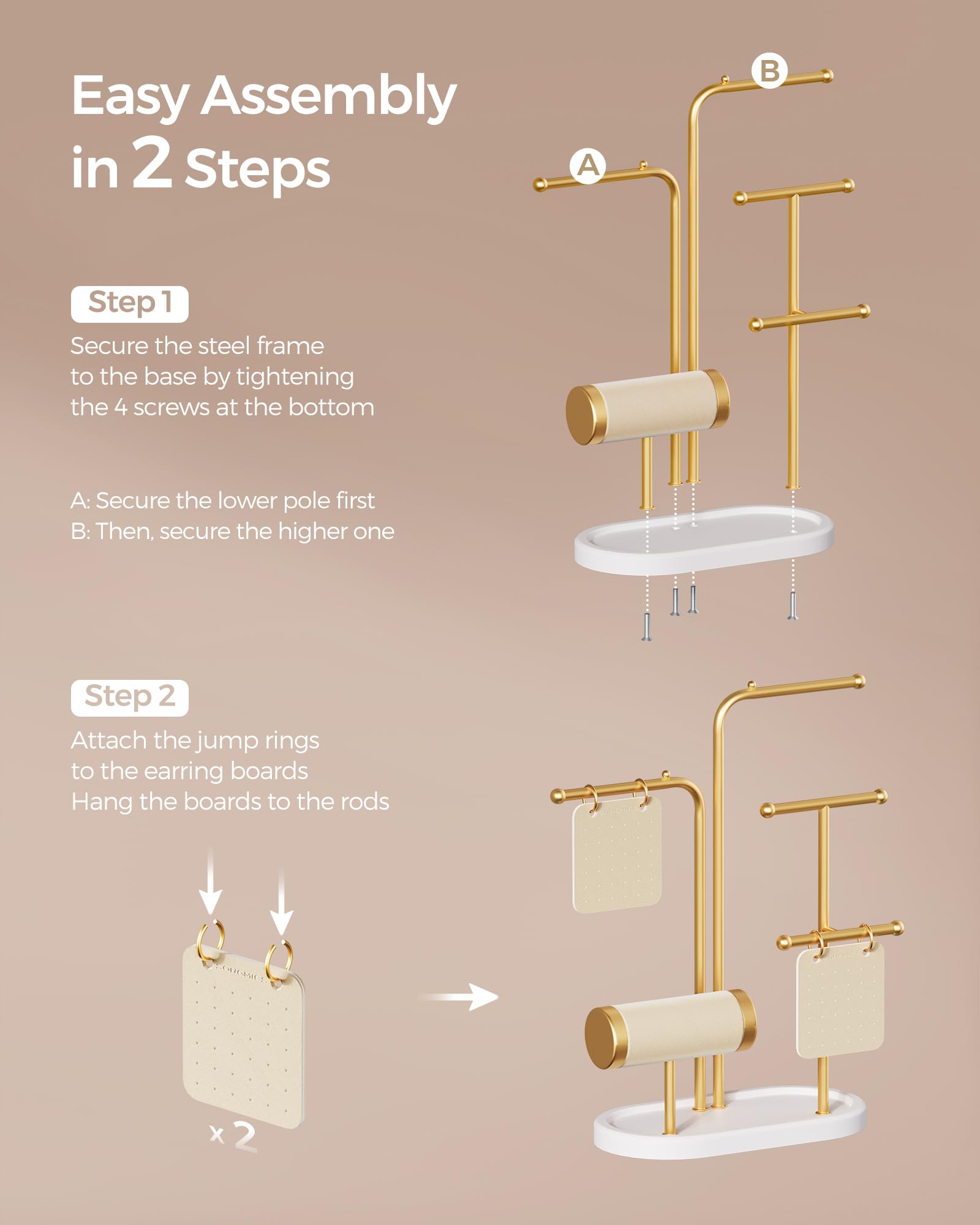 SONGMICS Jewelry Stand, Jewelry Organizer, Jewelry Display Holder with Metal Frame, 2 Earring Boards, 4 Hanging Rods, Necklace Earring Bracelet Holder, for Watches, Metallic Gold UJJS025A01