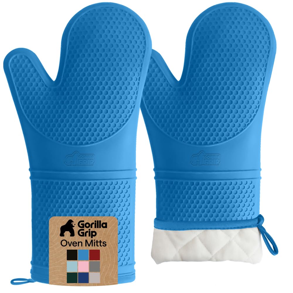 GORILLA GRIP BPA-Free Soft Silicone Oven Mitts, Heat Resistant and Waterproof Cooking Safety Gloves, Thick Cotton Lining, Flexible Gripping, Kitchen Potholders Set, for Grilling, BBQ, 12.5x8.3, Black