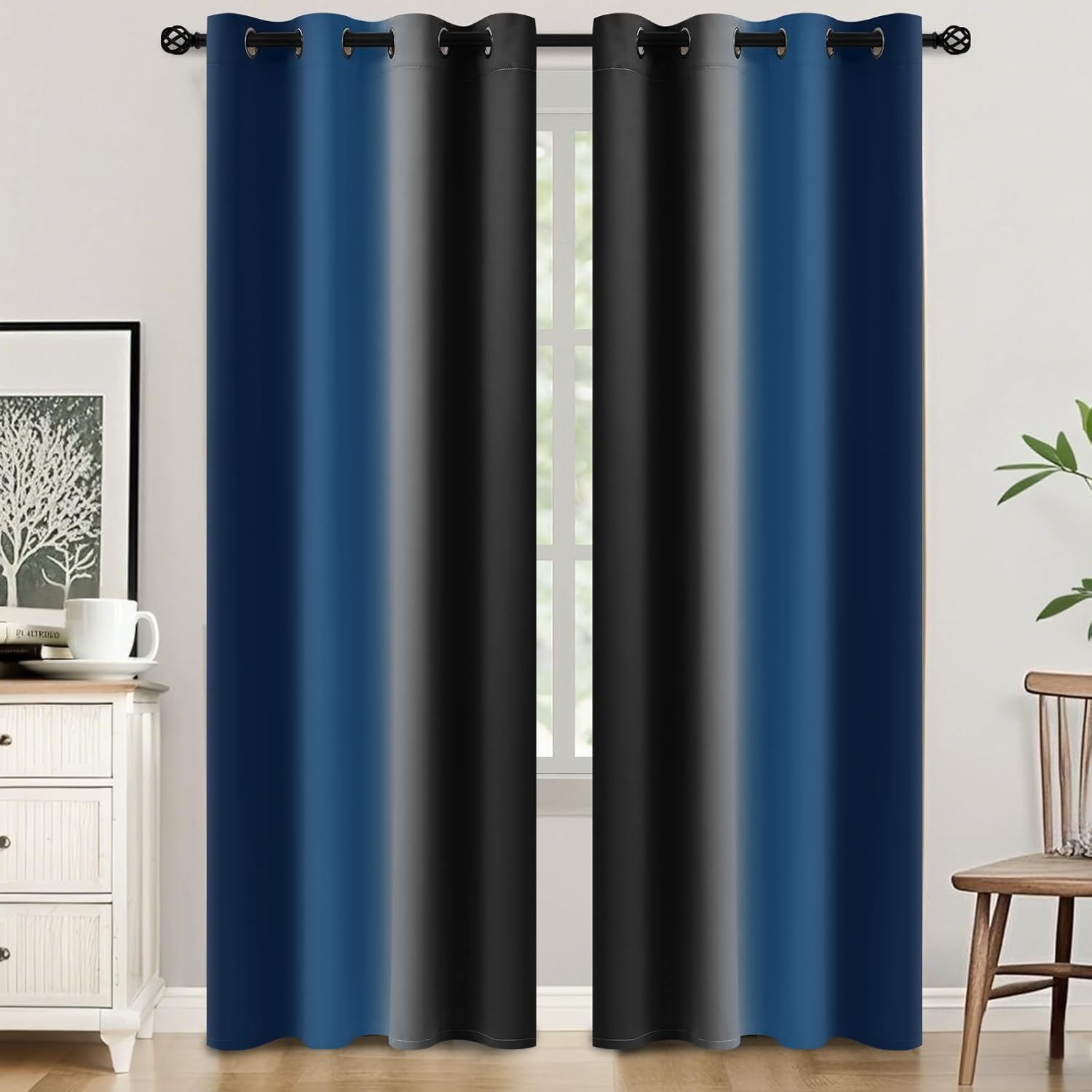 SimpleHome Ombre Room Darkening Curtains for Bedroom, Gradient Black to Grey White Light Blocking Thermal Insulated Grommet Window Curtain/Drapes for Living Room,2 Panels, 52x84 inches Length