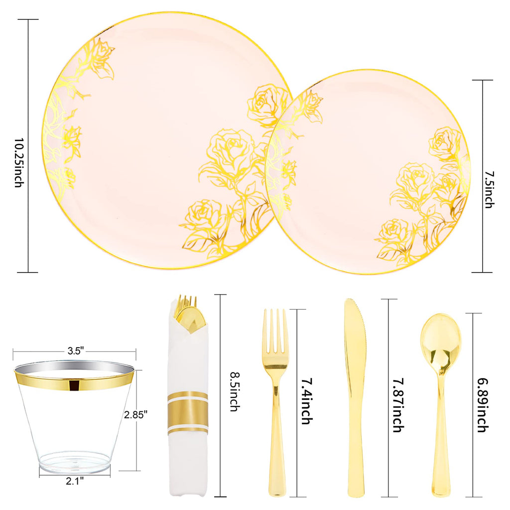 DaYammi 210Pcs White Gold Plastic Plates for Party,Gold Disposable Dinnerware Set Includes 60 gold Floral Plates,30 Plastic Silverware,30 Per Rolled Napkins,30 Cups for Mother's Day Party Wedding