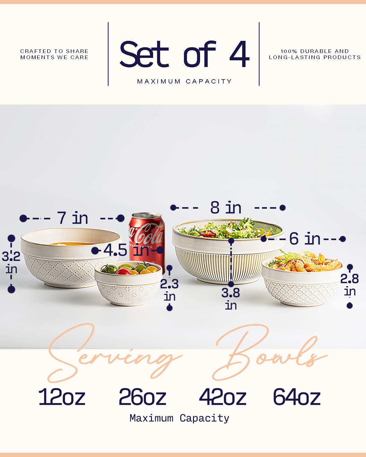 getstar Ceramic Soup Bowls, Cereal Bowl Set of 4 with Assorted Embossment (6.1 inch & 30 oz), Farmhouse Vintage Color Bowls for Kitchen