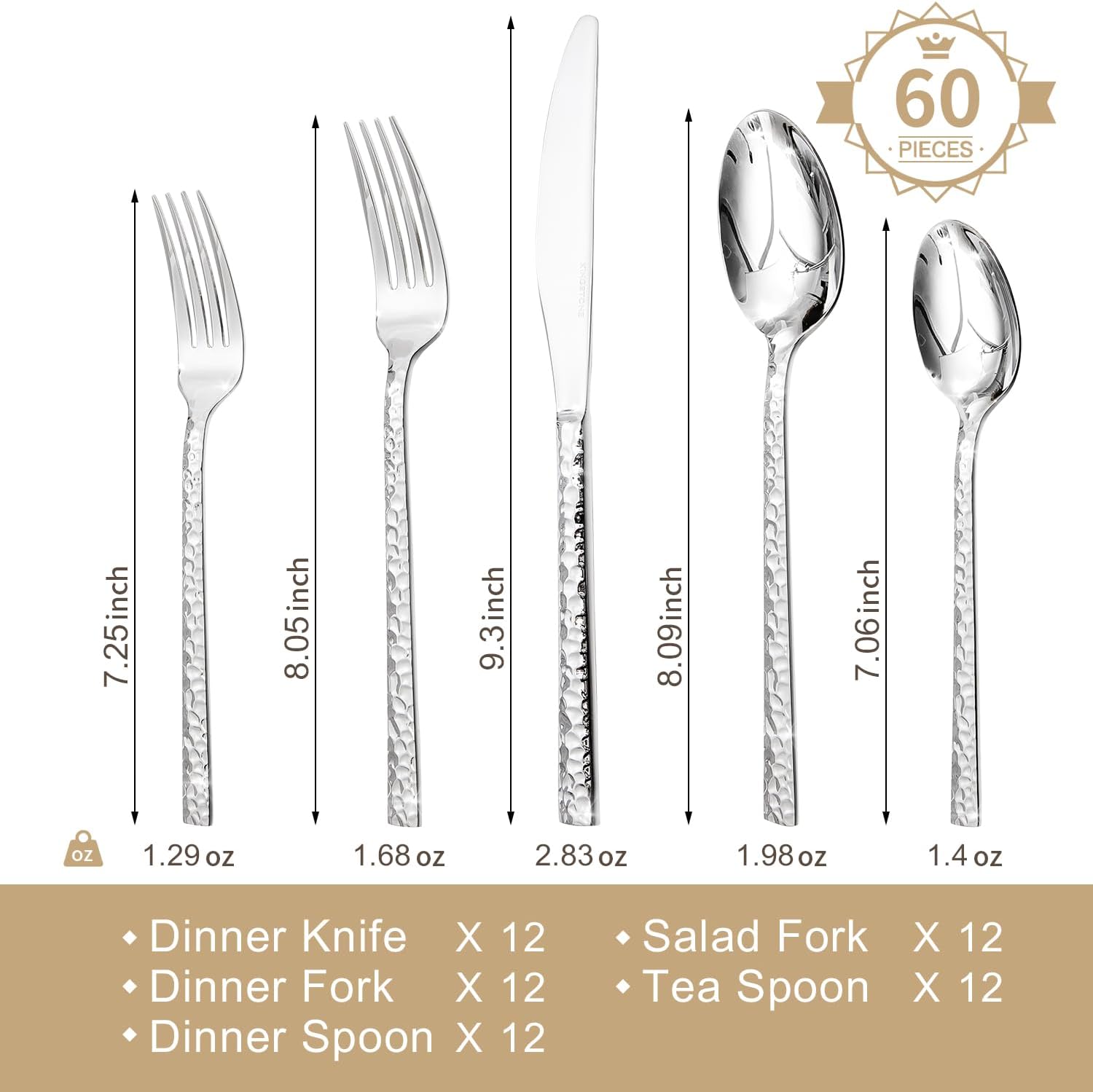 KINGSTONE 60 Piece Hammered Silverware Set and 8 Piece Serving Utensils Set