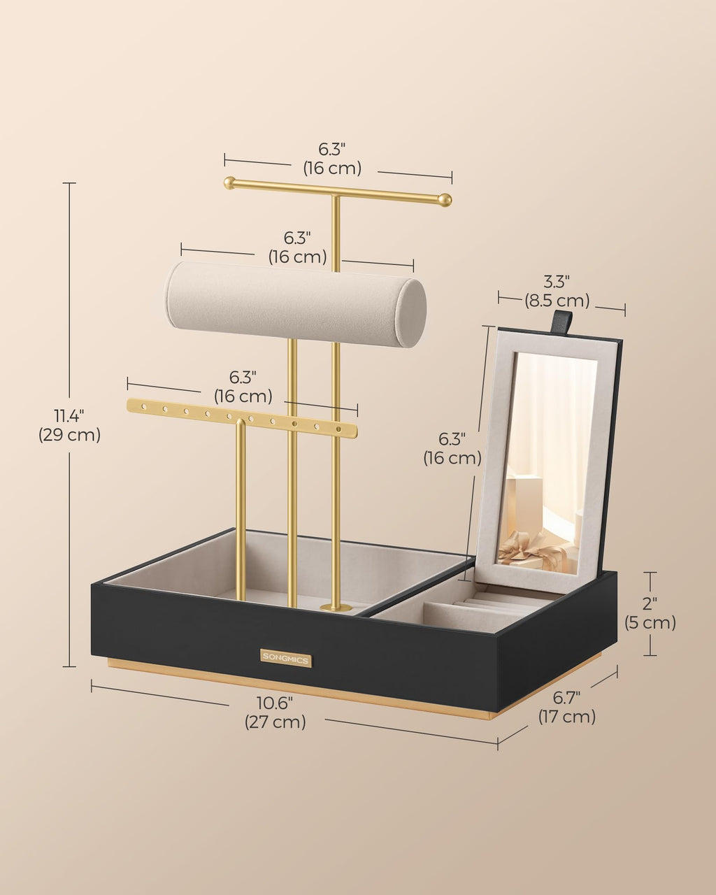 SONGMICS Jewelry Holder, Jewelry Organizer, Jewelry Display Stand, Metal Earring Organizer with Mirror, with Necklace Earring Bracelet Holder, for Rings, Gift Idea, Black and Gold UJJS022B01