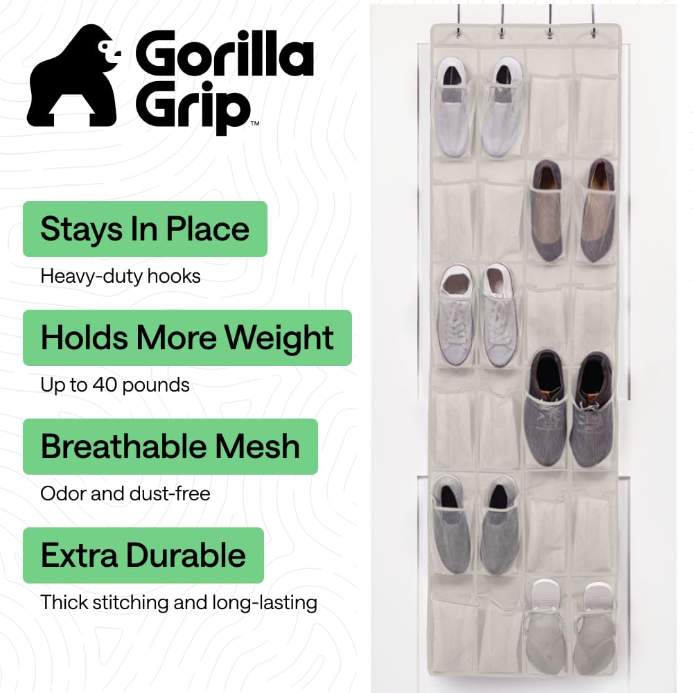 GORILLA GRIP Over the Door Shoe Organizer, 24 Large Breathable Mesh Pockets, Space Saving Hanging Storage Holder, Closet Rack Hanger Holds Up to 40 lbs, Hangs on Closets for Shoes, Accessories, Black