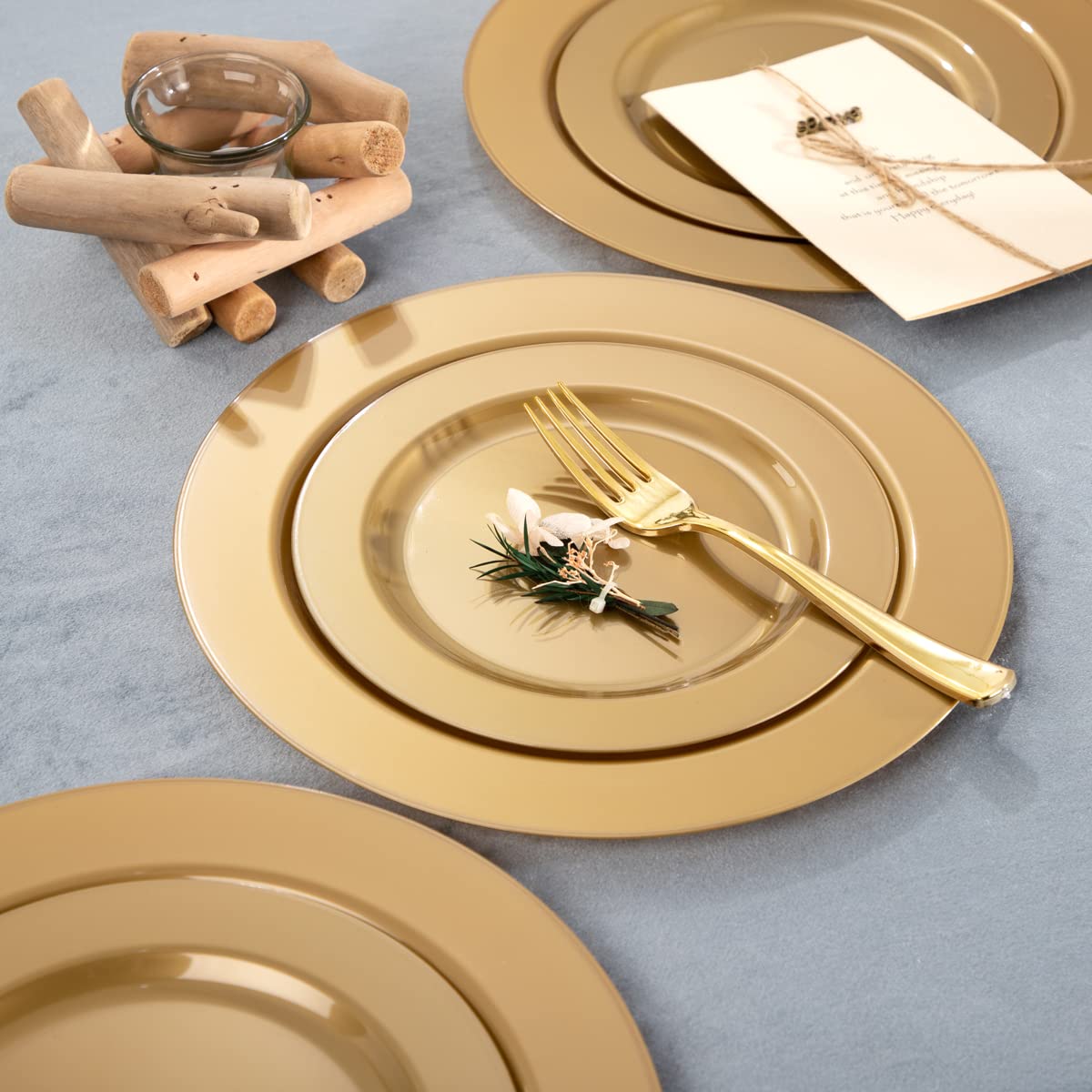 DaYammi 210Pcs White Gold Plastic Plates for Party,Gold Disposable Dinnerware Set Includes 60 gold Floral Plates,30 Plastic Silverware,30 Per Rolled Napkins,30 Cups for Mother's Day Party Wedding