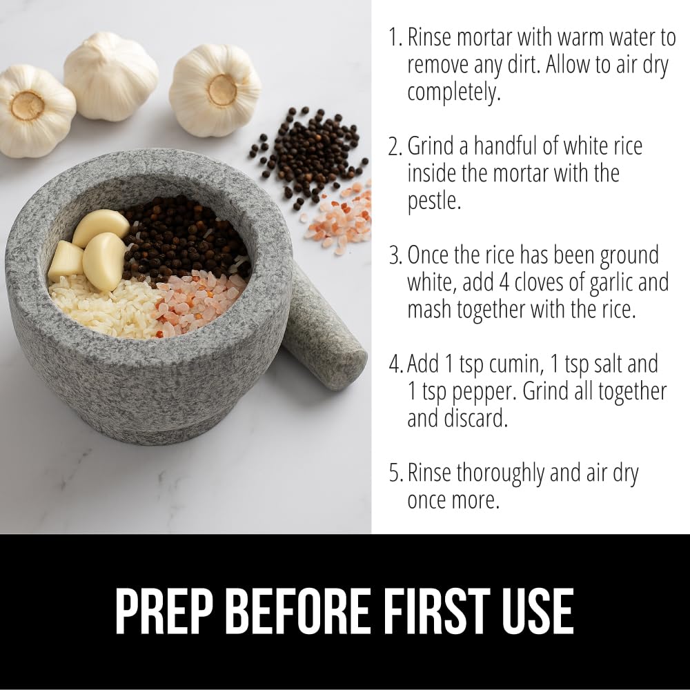GORILLA GRIP Heavy Duty Mortar and Pestle Set with Slip Resistant Base, 100% Granite Stone Molcajete Guacamole Bowl, Grind Seeds, Garlic, Herb, Kitchen Muddler, Essentials for Chefs, 1.5 Cup Gray