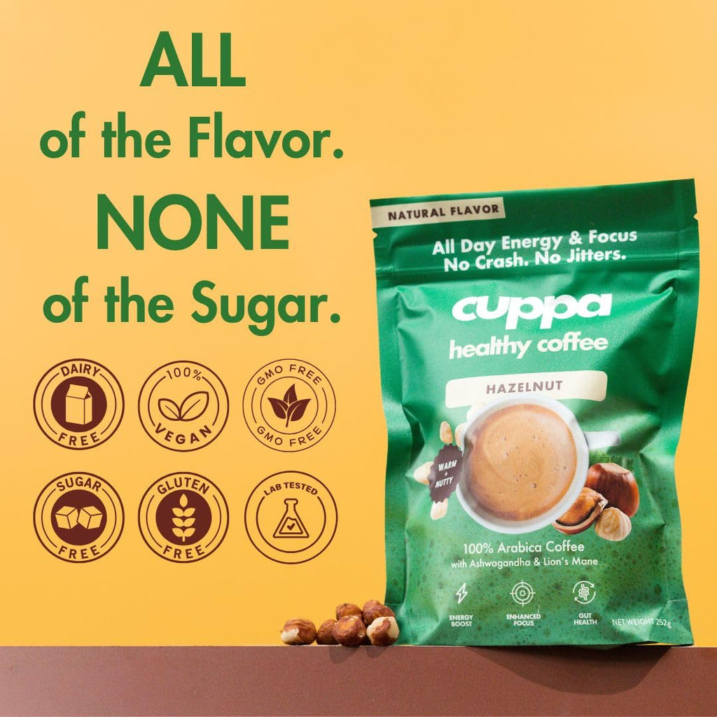 Cuppa Medium Roast Mushroom Coffee with Adaptogens & Superfoods - Lion’s Mane, Ashwagandha & Cordyceps. Adaptogens + MCT to support natural energy, mental focus & gut health (30 Servings)